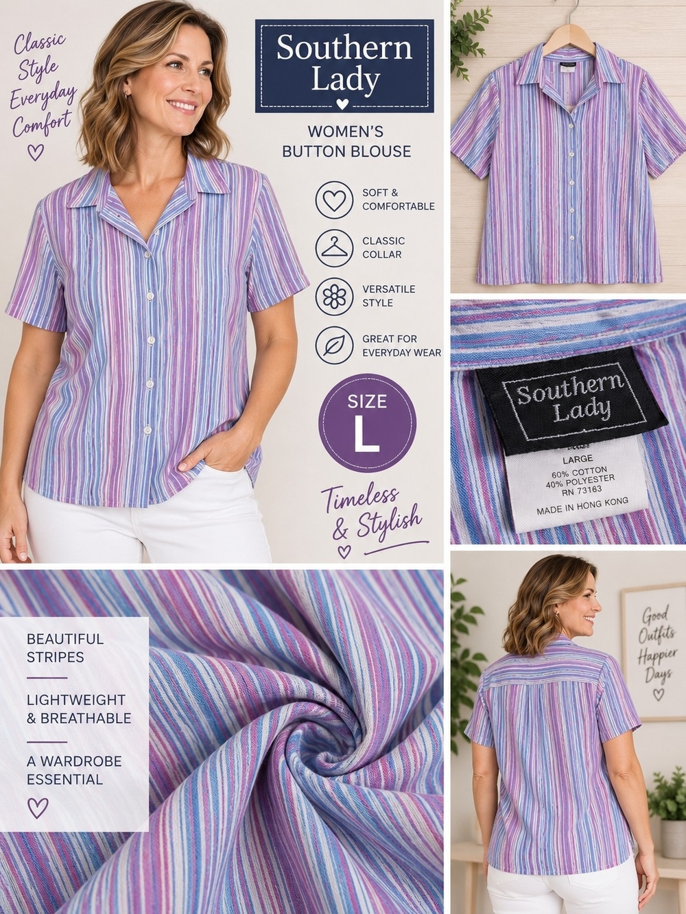 Southern lady Women's large purple striped button Blouse #33